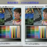 A1 ユポ耐光 ②超UVC付 10250 Two side-by-side product posters showing a collage (fruit, shoes, landscape, and a portrait of a woman in a colorful scarf) plus a color calibration chart and swatches, with blue caption text above.