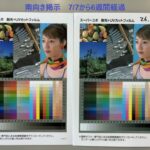 A1 ユポ耐光①UVC 10512 Two side-by-side posters showing color calibration charts with photos of fruits, a landscape, and a woman wearing a scarf; used to compare six-week results.