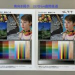 A1 ユポ 耐光 10223 Two side-by-side color calibration posters displaying a collage (fruits, shoes, landscape, portrait) and color swatch grids, used for monitor calibration.