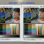 A1 ユポ耐光①UVC 10512 Two side-by-side color calibration sheets on a wall, each with collage images (fruits, a woman's portrait, nature) and color swatches for print testing; Japanese captions along top.