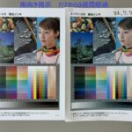 A1 ユポ 耐光 10223 Two printed color calibration sheets side by side, each showing a portrait of a woman with a rainbow scarf, a small landscape photo, and a large color swatch grid for printer calibration.