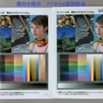 A1 ユポ耐光①UVC 10512 Two test print sheets laid side by side, each with a collage (fruits, tools, a woman's portrait) and color checker charts beneath for printing calibration.